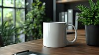 White ceramic coffee mug mockup on wooden table with green plants and natural light background, blank cup for branding and design presentation.