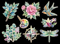 Botanical and nature design elements collection featuring isolated florals, leaves, bird, dragonfly, compass rose, artist palette, and berry clusters on transparent background. Ready for t-shirt designs, clipart, stickers, sublimation, and print-on-demand projects.