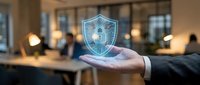 Hand holding glowing shield with padlock symbol in modern office, representing cybersecurity, data protection, and digital safety solutions for business.