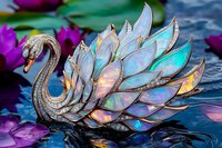 Elegant swan brooch with iridescent opal wings and silver details floating on water surface among purple lotus flowers, jewelry photography in natural light.