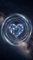 Cosmic heart-shaped nebula surrounded by spiral energy rings in deep space with starfield background for romantic astronomy and science fiction concepts.