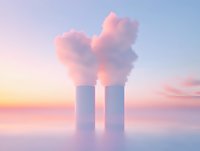 Industrial cooling towers emitting pink steam against pastel sunset sky, creating dreamy atmospheric scene with soft gradient colors and reflective surface.