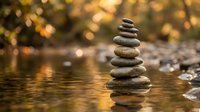 Balanced stone cairn stack reflecting in calm water with warm golden bokeh light creating peaceful zen meditation atmosphere for wellness and mindfulness practices.