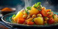 Moroccan vegetable tagine with carrots, potatoes and chickpeas garnished with fresh herbs on rustic ceramic plate for authentic cuisine and cooking content.