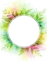 Watercolor floral frame with green leaves and pink flowers surrounding empty white circle for text or logo design on transparent background.