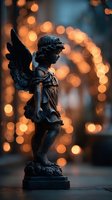 Angel statue silhouette with warm bokeh lights creating magical atmosphere for spiritual and memorial concepts.