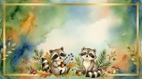 Adorable raccoon family with babies sitting among autumn foliage and flowers in watercolor style frame for nursery decor and children's designs.