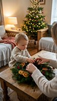 Young blonde child making Christmas wreath with parent at wooden table in cozy living room with decorated tree and warm lighting for holiday crafting activities.