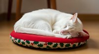 White fluffy cat sleeping curled up in red and patterned pet bed on wooden floor, cozy home environment for feline comfort and relaxation.