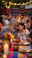 Hispanic grandfather and granddaughter sharing tender moment at festive outdoor dinner with traditional food, colorful decorations and warm string lights.