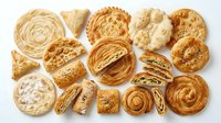 Assorted golden puff pastry collection featuring croissants, danishes, palmiers and spiral rolls isolated on white background for bakery designs.