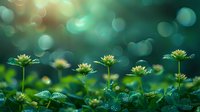 Delicate yellow wildflowers in morning dew against emerald green bokeh background create dreamy natural atmosphere for spring or summer garden design.
