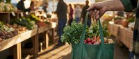 Farmer holding reusable cloth bag filled with fresh organic vegetables including kale and tomatoes at farmers market or garden harvest, sustainable shopping and local produce concept.