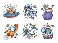 Cartoon cats in space suits and spacecraft isolated on white background, ready for design use on apparel, stickers, and merchandise. Whimsical astronaut felines in UFO, rocket ship, and planetary scenes.