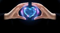 Protective hands surrounding glowing blue heart with energy aura on black background symbolizing care, love, protection and healing energy concepts.
