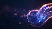 Magical glowing wave with sparkles and light particles flowing on dark background creates futuristic abstract composition in blue and purple colors.