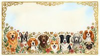 Adorable dog breeds border frame with golden ornate decorations and floral elements on cream background for pet-themed designs and invitations.