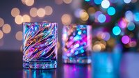 Colorful glass with swirling pattern reflects vibrant bokeh lights creating magical atmosphere. Glowing neon pink and blue tones on dark background with festive blur.