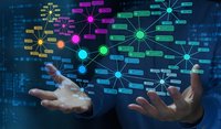 Business professional hands presenting colorful digital network diagrams with interconnected nodes and data visualization elements on dark background.