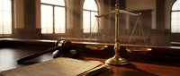 Golden scales of justice and wooden gavel on legal documents in sunlit courtroom for law firm branding and legal services marketing materials.