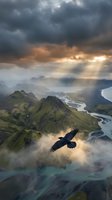 Majestic eagle soaring over dramatic volcanic landscape with stormy clouds and golden sunlight breaking through misty atmosphere above green mountains.