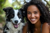 Young African American woman with curly hair smiling next to border collie dog outdoors in natural setting, expressing joy and companionship on sunny day.