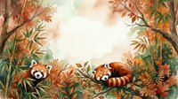 Two adorable red pandas resting on tree branches surrounded by vibrant autumn foliage in a peaceful forest setting for wildlife and nature designs.