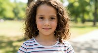 Young mixed-race girl with curly hair smiling outdoors in striped shirt. Child portrait in sunny park setting for family lifestyle and education concepts.