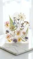 Pressed flowers and ferns arranged in clear acrylic block on marble surface creating botanical art display for home decor and craft projects.
