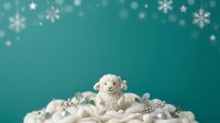 Cute stuffed lamb toy sitting on pile of white and silver ornaments against turquoise background with falling snowflakes and stars, suitable for holiday greeting cards and seasonal marketing materials.