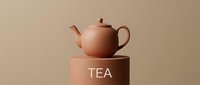 Matte terracotta teapot on a cylindrical podium with TEA text, warm beige background, minimalist style for branding and packaging design.