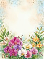 Watercolor floral frame with colorful orchids, green leaves, and soft pastel background, copy space for text, greeting card design.