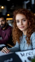 Young Caucasian woman with curly red hair smiling at camera in modern office setting with male colleague in background during business meeting.
