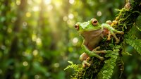 Green tree frog sitting on moss-covered branch in tropical rainforest with sunlight filtering through leaves creating natural bokeh background.