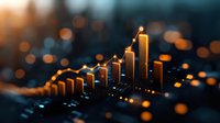 Glowing orange financial graph bars showing upward trend on dark background with bokeh lights, representing business growth and market success.