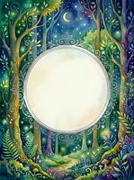 Enchanted forest frame with ornate circular border, mystical trees, crescent moon and stars creating magical woodland scene for text or design elements.