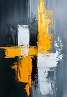 Abstract expressionist painting featuring bold yellow, white and black brushstrokes on gray background. Contemporary art with dynamic composition and textured paint application.