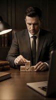 Professional businessman in dark suit examining ISO 9001 QMS certification wooden blocks at office desk with warm lighting for quality management concepts.