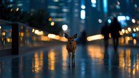 Young deer standing alone on wet city street at night with glowing bokeh lights and reflections creating magical urban wildlife scene.