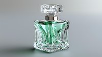 Elegant crystal perfume bottle with mint green fragrance and silver cap on neutral background, perfect for luxury cosmetic advertising.