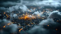 Aerial night cityscape through dramatic clouds with glowing orange lights and urban infrastructure creating moody atmospheric scene for background use.