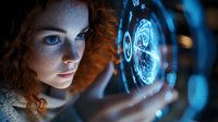 Young woman with red curly hair interacting with futuristic holographic interface display in dark environment with blue technological glow and circular elements.