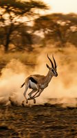 Gazelle leaping through golden savanna dust at sunset with acacia trees in soft focus background creating dramatic wildlife action scene.