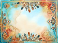 Boho watercolor frame with feathers and geometric patterns, featuring turquoise, rust, and gold tones on isolated background for design projects.