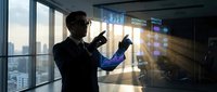 Professional businessman using futuristic holographic interface technology in modern office with city skyline view for digital innovation presentations.
