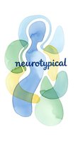 Watercolor neurotypical text with flowing organic shapes in blue green yellow tones representing neurodiversity acceptance and mental health awareness.