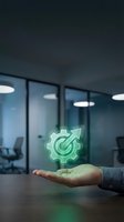 Businessman hand presenting glowing green gear with arrow icon in modern office environment representing business growth and efficiency solutions.
