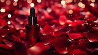 Red rose petals scattered with essential oil dropper bottle against blurred bokeh lights creating romantic spa and wellness atmosphere for Valentine's day.