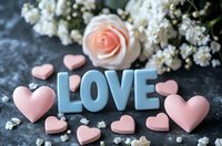 Blue wooden letters spelling LOVE with pink heart decorations and delicate rose and baby's breath flowers on dark textured background, romantic Valentine's Day composition.