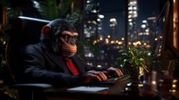 Chimpanzee in business suit working late at office desk with city lights in background, surreal corporate concept showing primate typing on laptop at night.